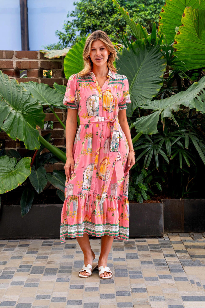 Boho Australia Lynn Midi Dress with V-Neck Buttons Pockets - Pink Oasis
