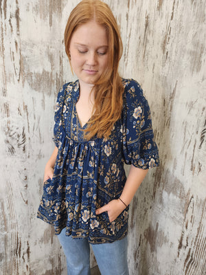 Jaase Boheme Blouse Top with Mandarin Collar V Neck Pockets - Adeline - Style House Fashion Jaase