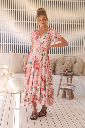 Jaase Teresia Maxi Dress with Flutter Sleeve V Neck Button Bodice Drawstring Waist - Alessia - Style House Fashion Jaase Jaase