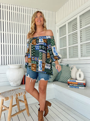 Jaase Clover Top Blouse with Off Shoulder Boho Sleeve - Emerald Cove - Style House Fashion Jaase
