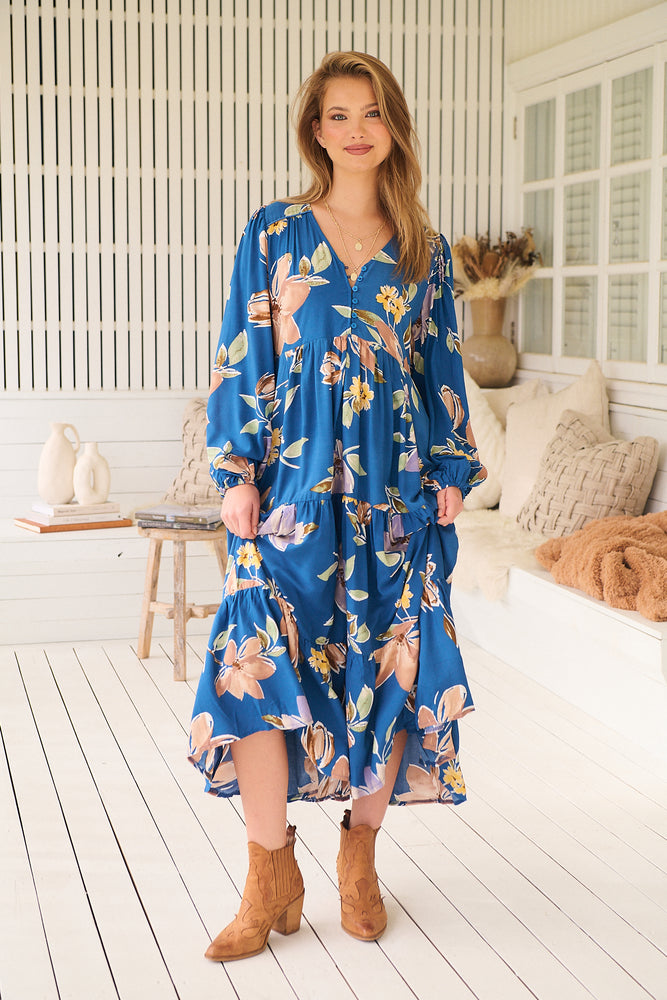 Jaase Eve Midi Dress with V-Neck Buttons Long Sleeve - Georgia Blue - Style House Fashion Jaase Jaase