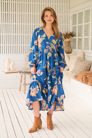 Jaase Eve Midi Dress with V-Neck Buttons Long Sleeve - Georgia Blue - Style House Fashion Jaase Jaase