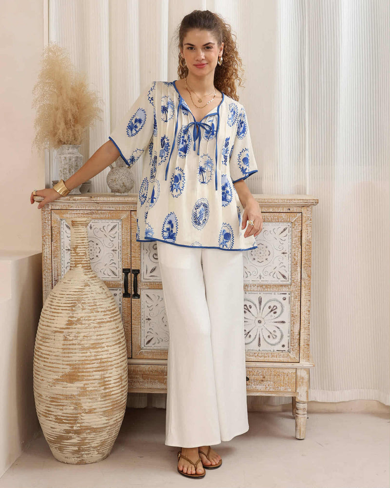 Iris Maxi Helen Blouse Top with Tie V-Neck Sleeve Buttons - Luciana