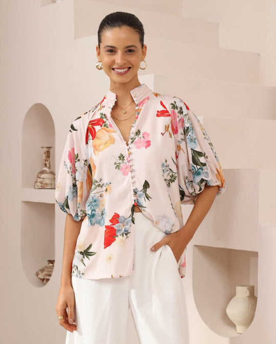 Iris Maxi Mia Cotton Blouse Top with V-Neck Puff Sleeve Buttons - Wild Orchid