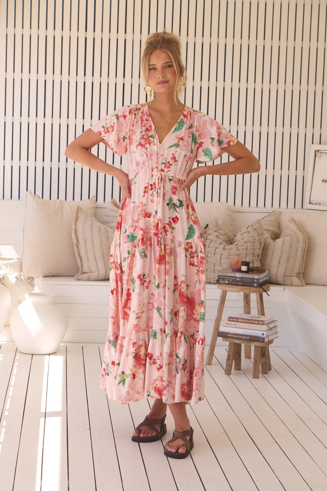 Jaase Teresia Maxi Dress with Flutter Sleeve V Neck Button Bodice Drawstring Waist - Alessia - Style House Fashion Jaase Jaase