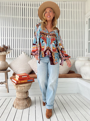 Jaase Imogen Blouse Top with V Neck Tie Buttoned Front - Wild Hearts - Style House Fashion Jaase