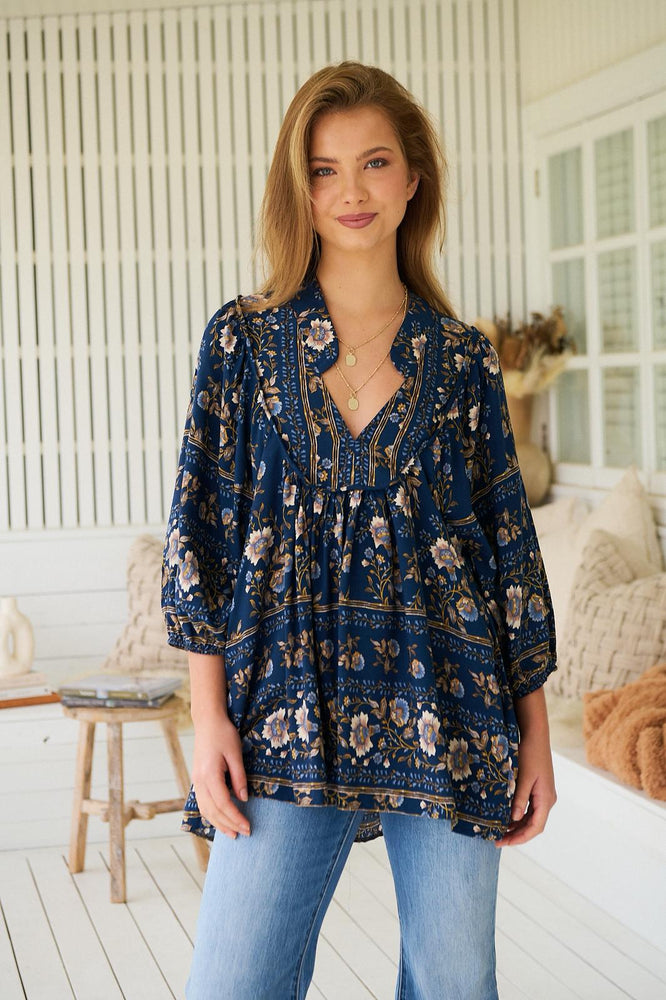 Jaase Boheme Blouse Top with Mandarin Collar V Neck Pockets - Adeline - Style House Fashion Jaase