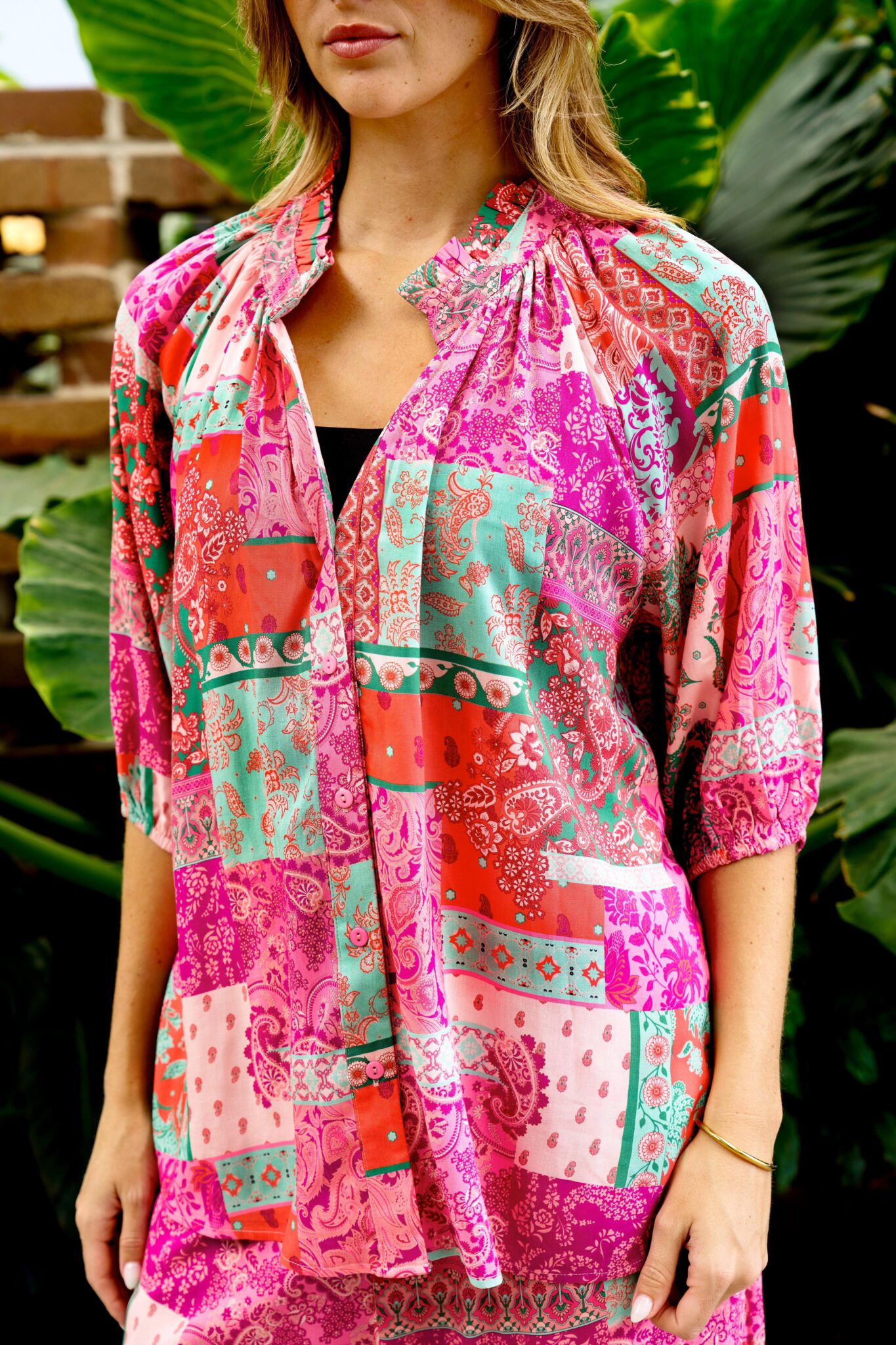 Boho Perry Blouse Top with V-Neck Sleeve Buttons - Fuscia Patch - Style House Fashion