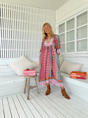Jaase Boheme Midi Dress with Mandarin Collar V Neck Pockets - Cedella - Style House Fashion