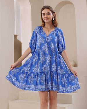 Iris Maxi Lilly Mini Dress with V Neck Buttoned Ballon Sleeve - Bluebell - Style House Fashion Iris Maxi