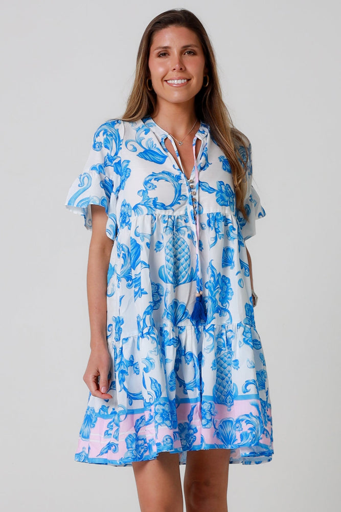 Isabella Amiri Mini Dress with V-Neck Buttons Pockets - Blue Flourish