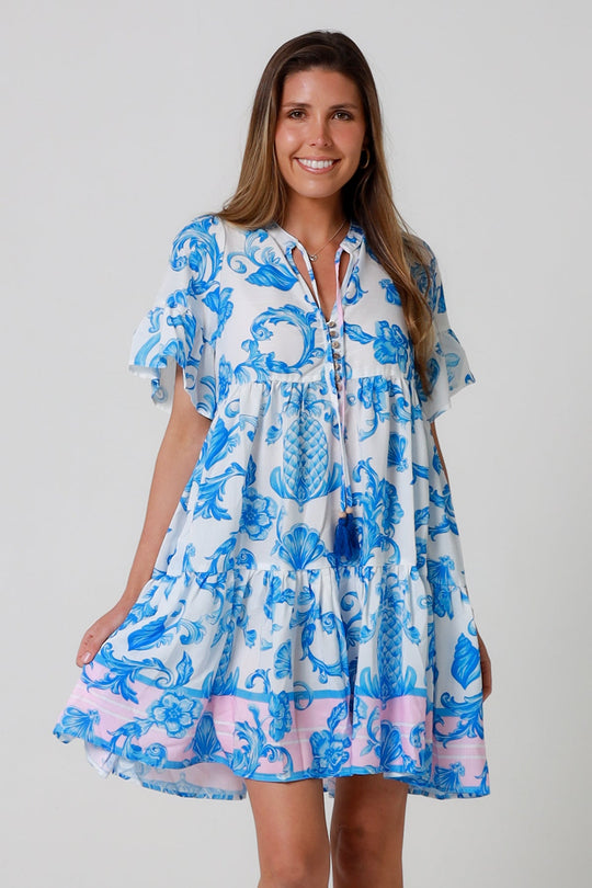 Isabella Amiri Mini Dress with V-Neck Buttons Pockets - Blue Flourish