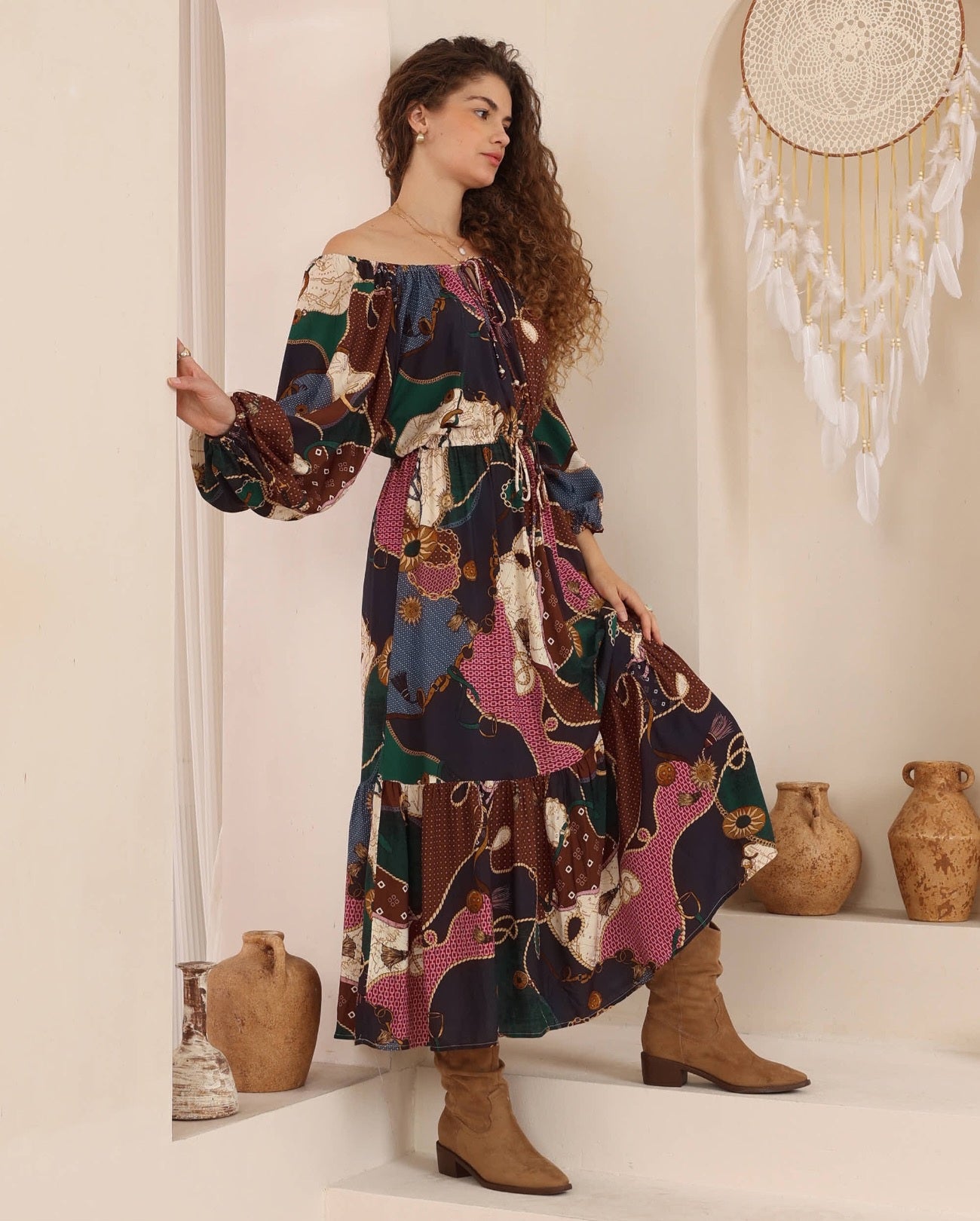 Iris Maxi Cove Maxi Dress Elastic Waist Off Shoulder Long Sleeve Bianca - Style House Fashion Iris Maxi