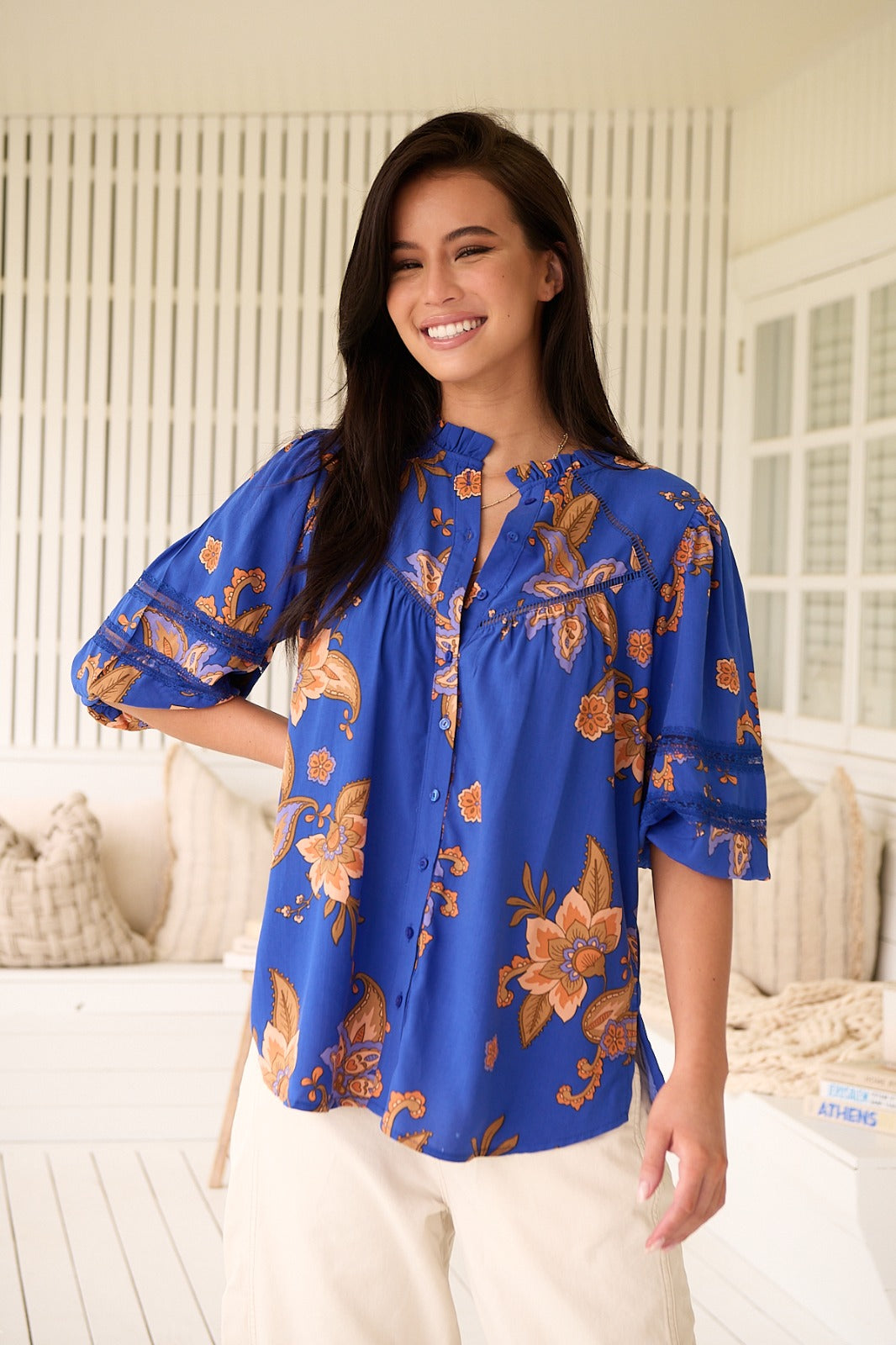 Jaase Eliza Blouse Top with Button Front Crochet Insert Short Sleeve - Maribella - Style House Fashion Jaase
