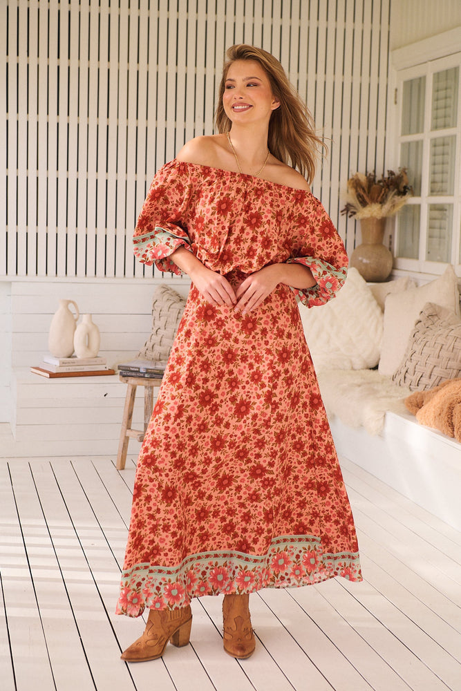 Jaase Hallie Maxi Dress with Off Shoulder A-Line Skirt Puff Sleeve - Lillianna - Style House Fashion Jaase