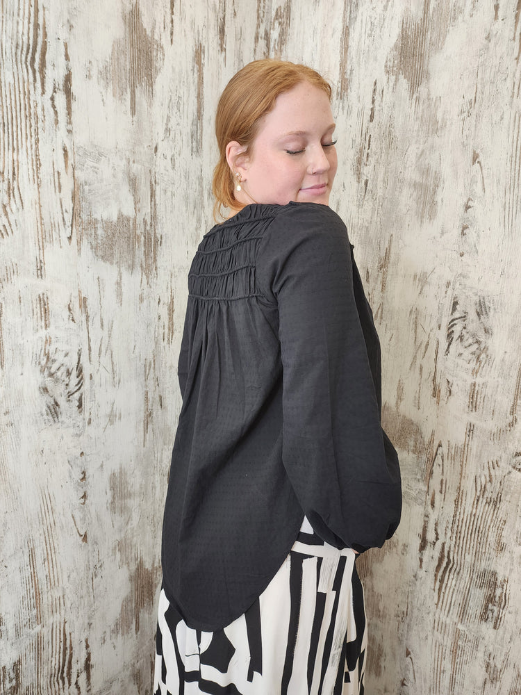 Iris Maxi Anna Cotton Blouse with V Neck Longline Back Billowy Sleeve - Black