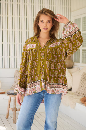 Jaase Bee Blouse Top with Mandarin Collar V Neck Buttons Lace Detail - Amalie - Style House Fashion Jaase Jaase Jaase Jaase