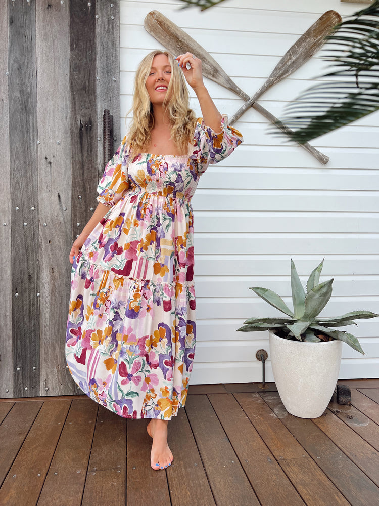 Jaase Tulli Midi Dress with Shirred Bodice Pockets Puff Sleeve - Sweet Lilly - Style House Fashion Jaase Jaase Jaase