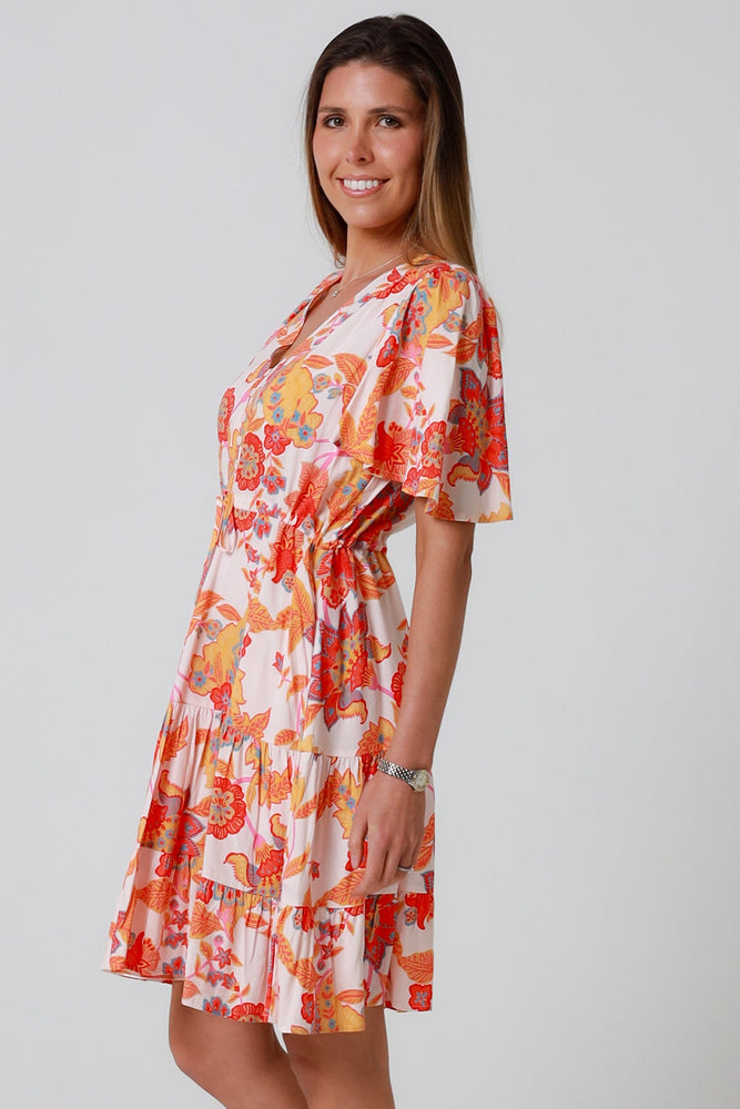 Isabella Mira Mini Dress with V-Neck Pockets - Citrus Crush