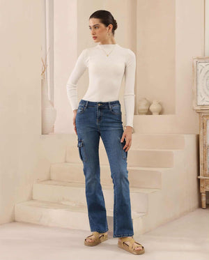 Iris Maxi Jenna Stretch Mid Low Rise Cargo Boot Leg Denim Jeans - Mid Blue