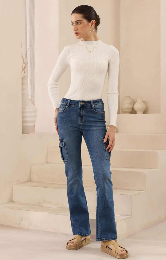 Iris Maxi Jenna Stretch Mid Low Rise Cargo Boot Leg Denim Jeans - Mid Blue