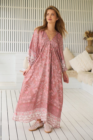 Jaase Bree Maxi Dress with V Neck Button Bodice Elastic Frill Sleeve - Angelina