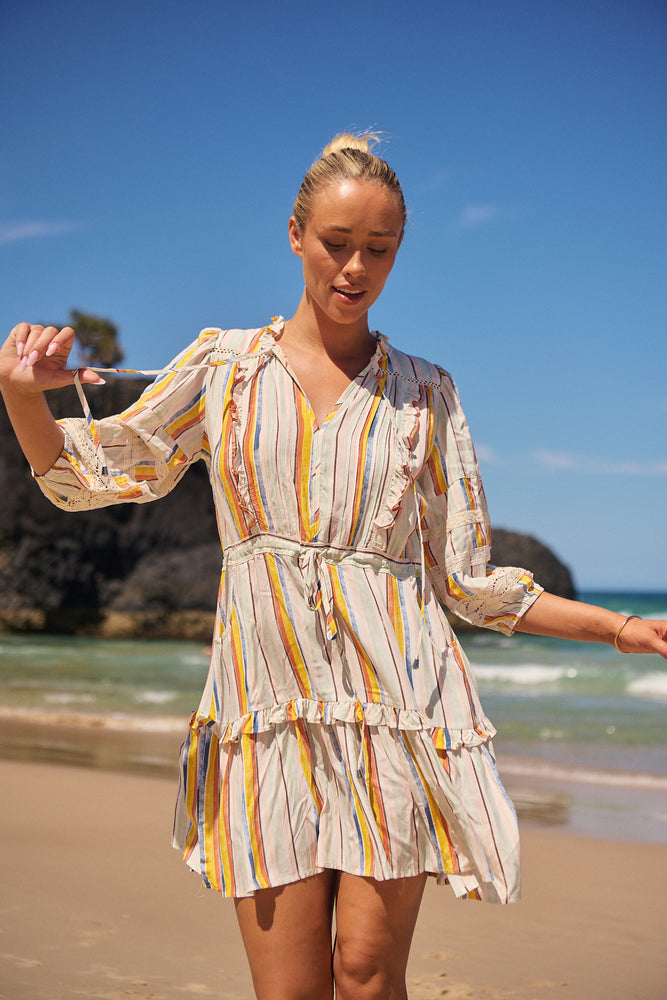 Jaase Remy Mini Dress with Pockets Drawstring Waist Half Sleeve Button Bodice - Coloured Sands - Style House Fashion Jaase Jaase