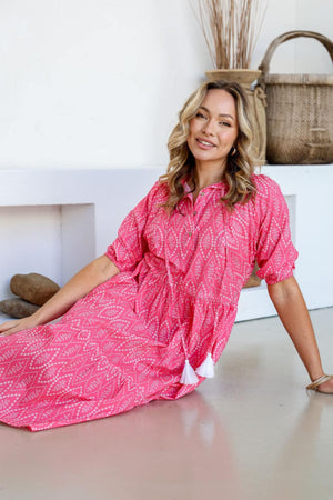 Joop & Gypsy Pink Cotton Midi Dress with V Neck Pockets Tie - Pink