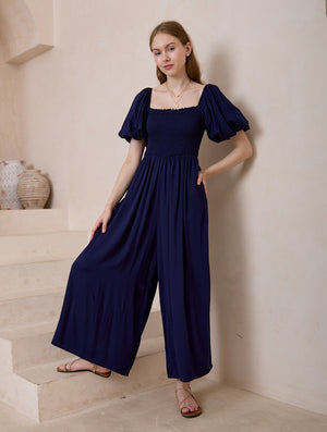 Iris Maxi Sienna Jumpsuit with Shirred Bodice Pockets  - Navy - Style House Fashion Iris Maxi