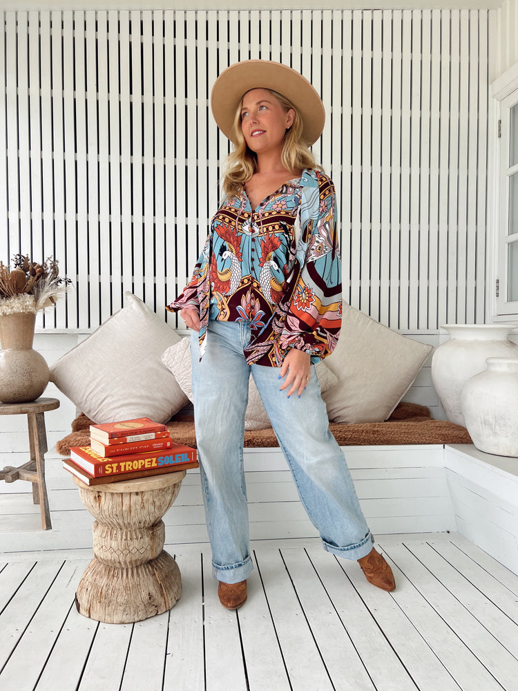 Jaase Imogen Blouse Top with V Neck Tie Buttoned Front - Wild Hearts - Style House Fashion Jaase