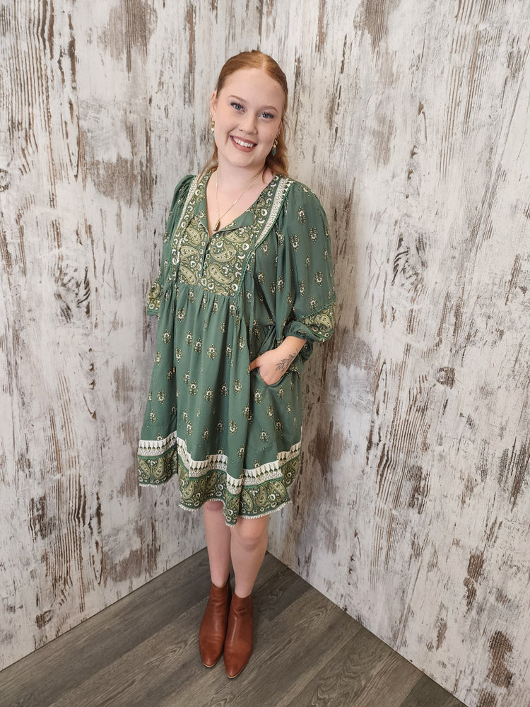 Jaase Adela Dress with Buttoned Bodice V-Neck Pockets - Viridian - Style House Fashion Jaase Adela Dress with Buttoned Bodice V-Neck Pockets - Viridian Jaase
