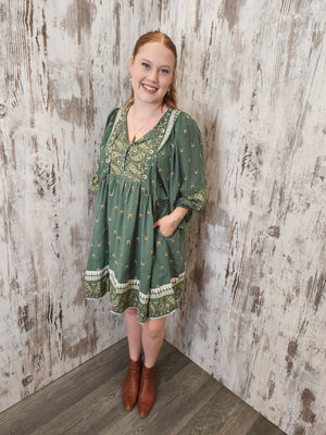 Jaase Adela Dress with Buttoned Bodice V-Neck Pockets - Viridian - Style House Fashion Jaase Adela Dress with Buttoned Bodice V-Neck Pockets - Viridian Jaase