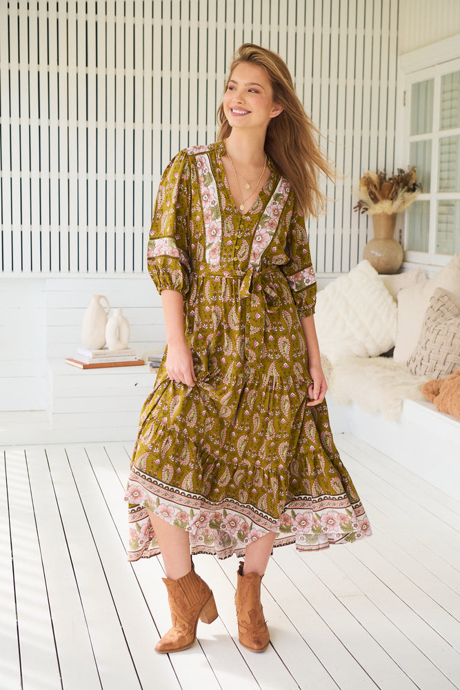 Jaase Mila Midi Dress with V Neck Billowy Sleeve - Amalie - Style House Fashion Jaase