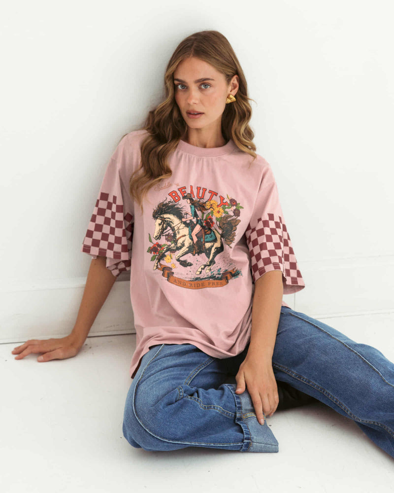 Paper Heart Saddle Up Beauty Slightly Oversized Vintage T-Shirt - Pink - Style House Fashion Paper Heart