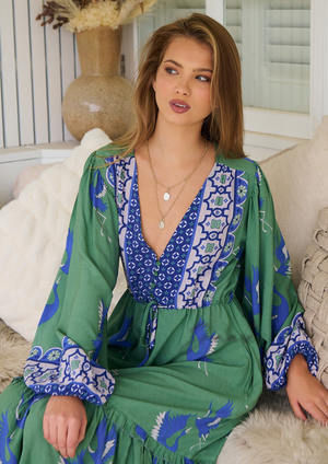 Jaase Willa Midi Dress with Pockets V-Neck Buttons Bodice Drawstring Waist - Bluebird - Style House Fashion Jaase Jaase