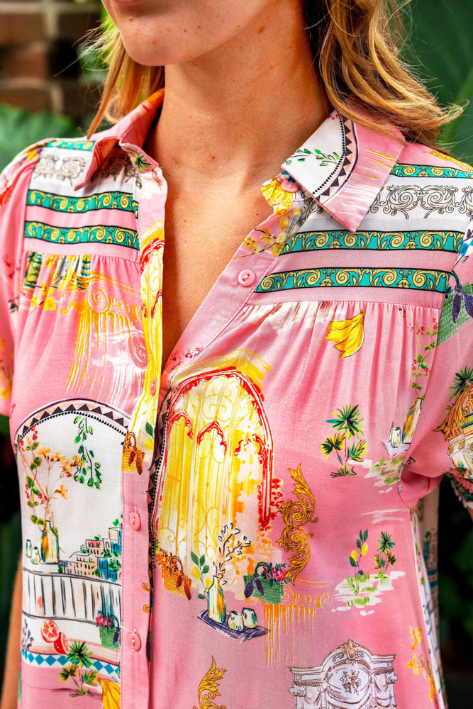 Boho Australia Lynn Midi Dress with V-Neck Buttons Pockets - Pink Oasis