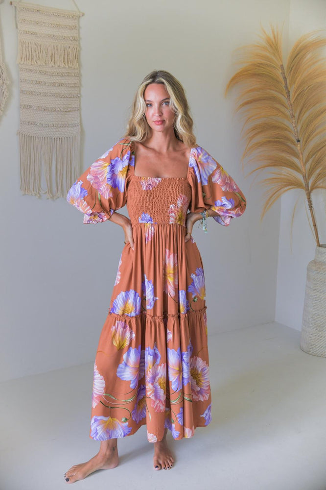 Jaase Tulli Midi Dress with Shirred Bodice Pockets Puff Sleeve - Amara Bloom - Style House Fashion Jaase Jaase