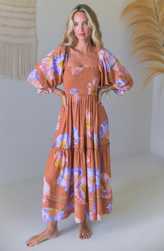 Jaase Tulli Midi Dress with Shirred Bodice Pockets Puff Sleeve - Amara Bloom