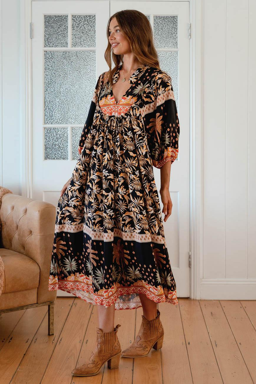 Jaase Boheme Midi Dress with Billowy Sleeve V-Neck Pockets - Jardin - Style House Fashion