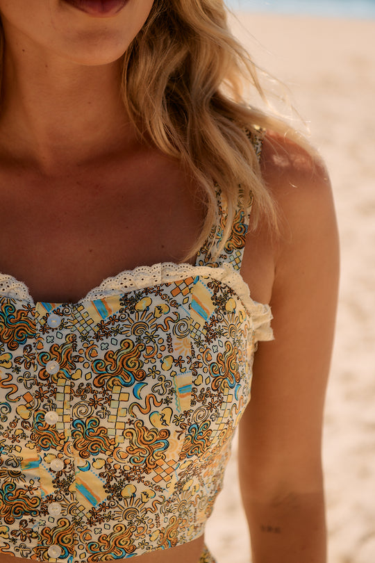 Jaase India Bustier Crop Top with Buttoned Bust Shirred Back - Sonnie