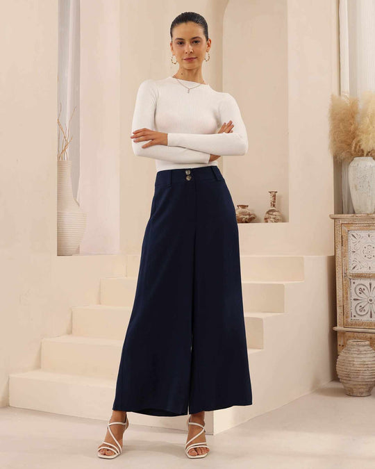 Iris Maxi Joplin Silk Linen Pants with Button Zip Front - Navy