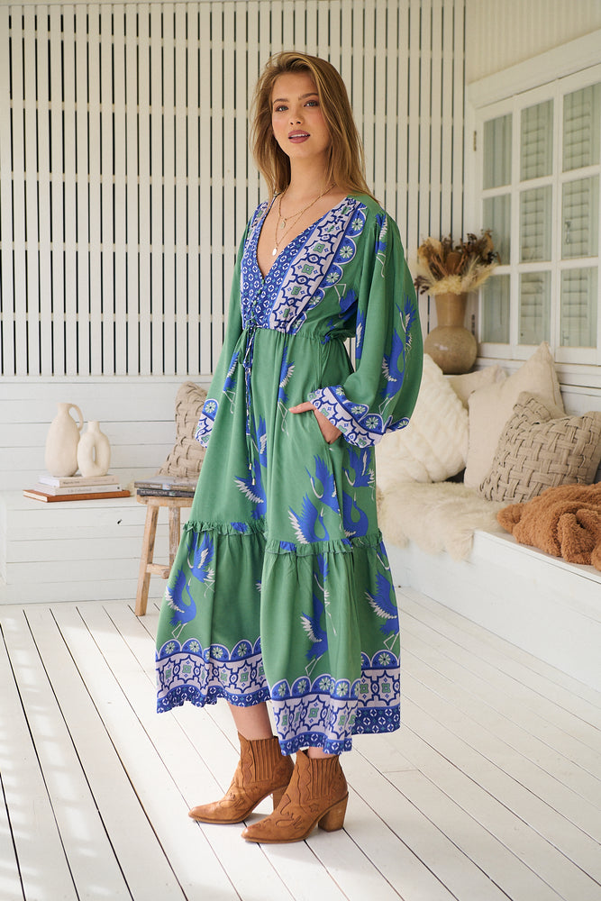 Jaase Willa Midi Dress with Pockets V-Neck Buttons Bodice Drawstring Waist - Bluebird - Style House Fashion Jaase Jaase