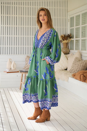 Jaase Willa Midi Dress with Pockets V-Neck Buttons Bodice Drawstring Waist - Bluebird - Style House Fashion Jaase Jaase