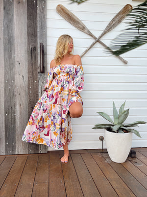 Jaase Tulli Midi Dress with Shirred Bodice Pockets Puff Sleeve - Sweet Lilly - Style House Fashion Jaase Jaase Jaase