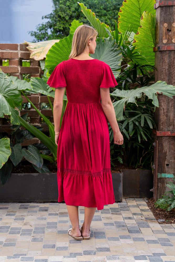 Boho Australia Blevins Midi Dress with V-Neck Buttons Pockets - Red