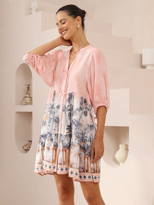 Iris Maxi Emma Mini Dress with V-Neck Buttons Pockets - Pink Paradise