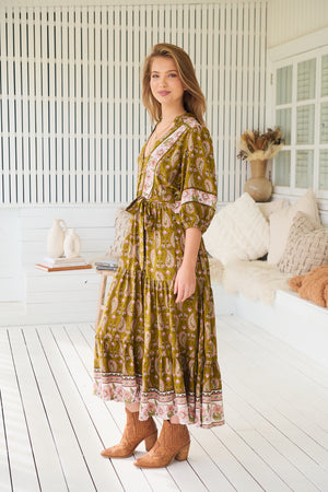 Jaase Mila Midi Dress with V Neck Billowy Sleeve - Amalie - Style House Fashion Jaase