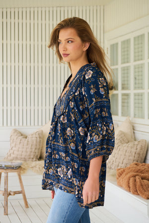 Jaase Boheme Blouse Top with Mandarin Collar V Neck Pockets - Adeline - Style House Fashion Jaase
