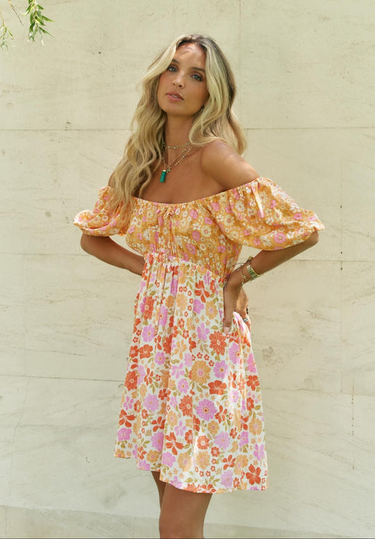 Jaase Elide Mini Dress V Neck Off Shoulder Elastic Waist - Crystal