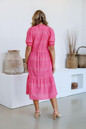 Joop & Gypsy Pink Cotton Midi Dress with V Neck Pockets Tie - Pink